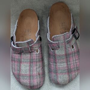 Birkenstock Grey Plaid Clogs